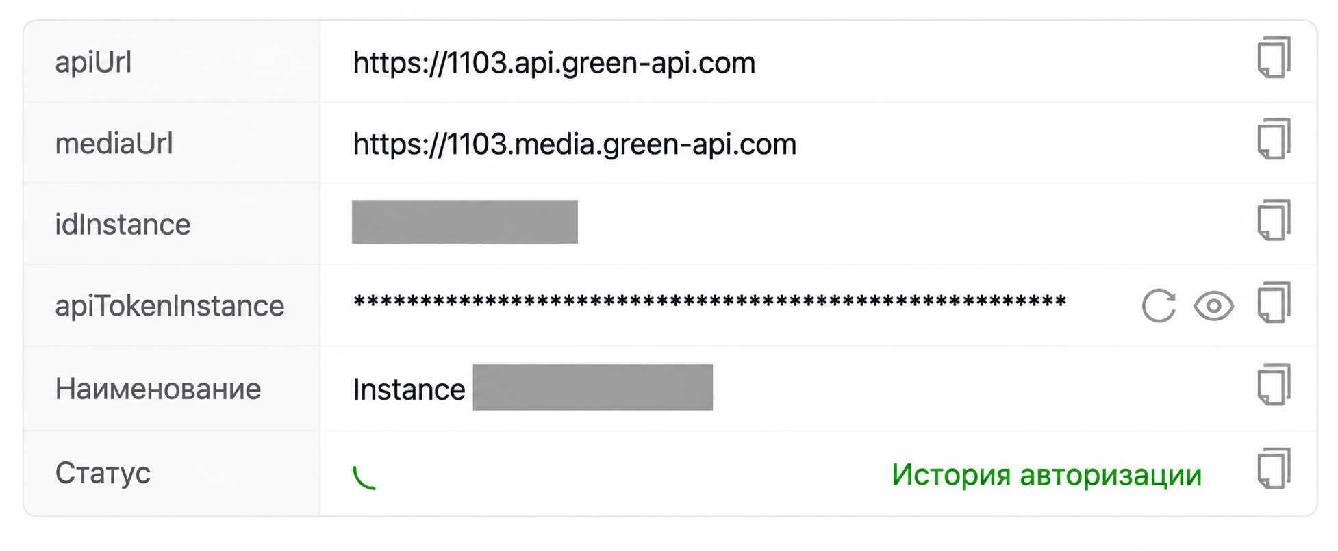 Карточка инстанса Green API с полями apiUrl, mediaUrl, idInstance и apiTokenInstance
